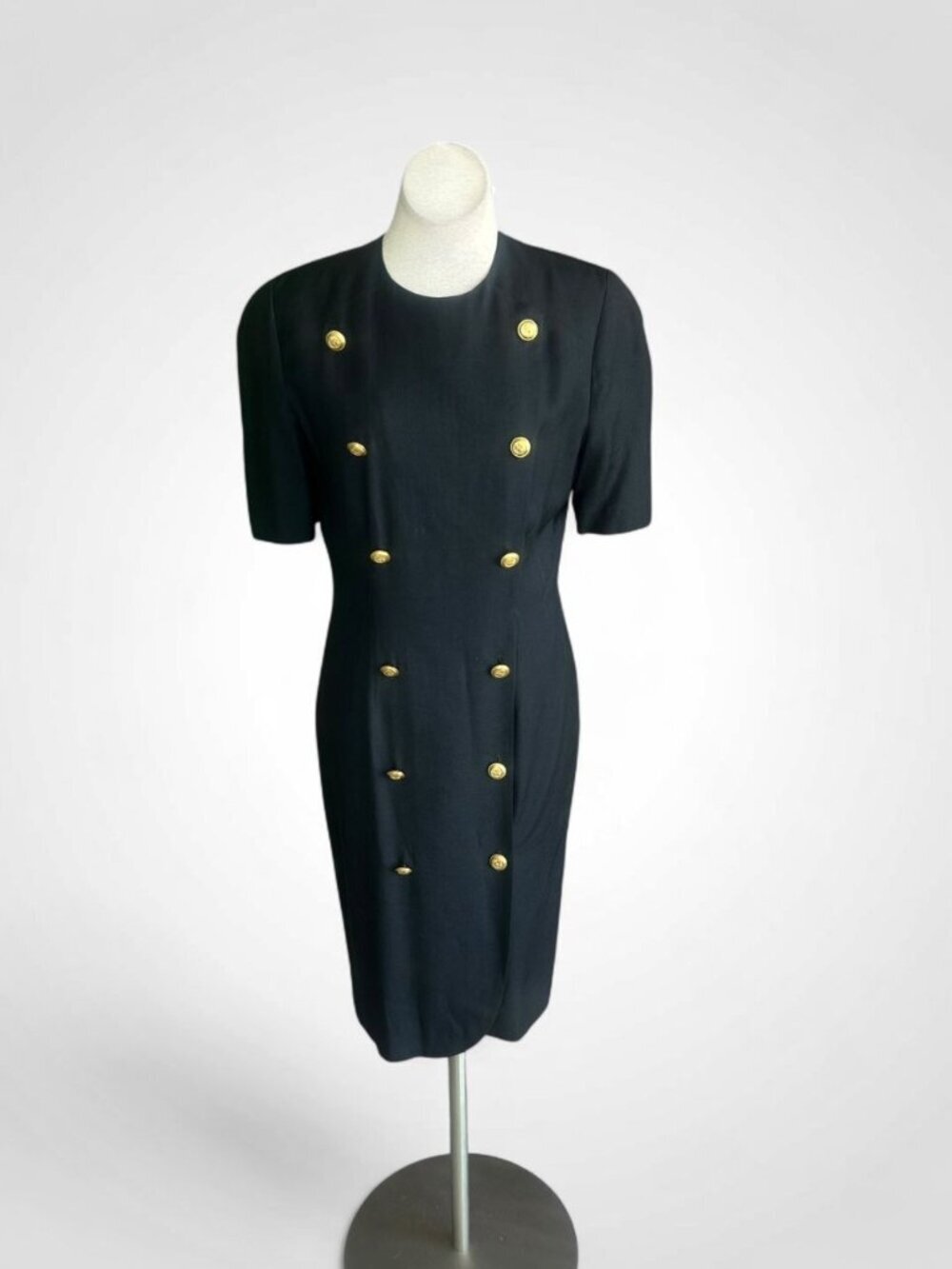 Nipon Boutique I Magnin Black Shirt Dress Vintage 80s Linen Gold Buttons Size 12